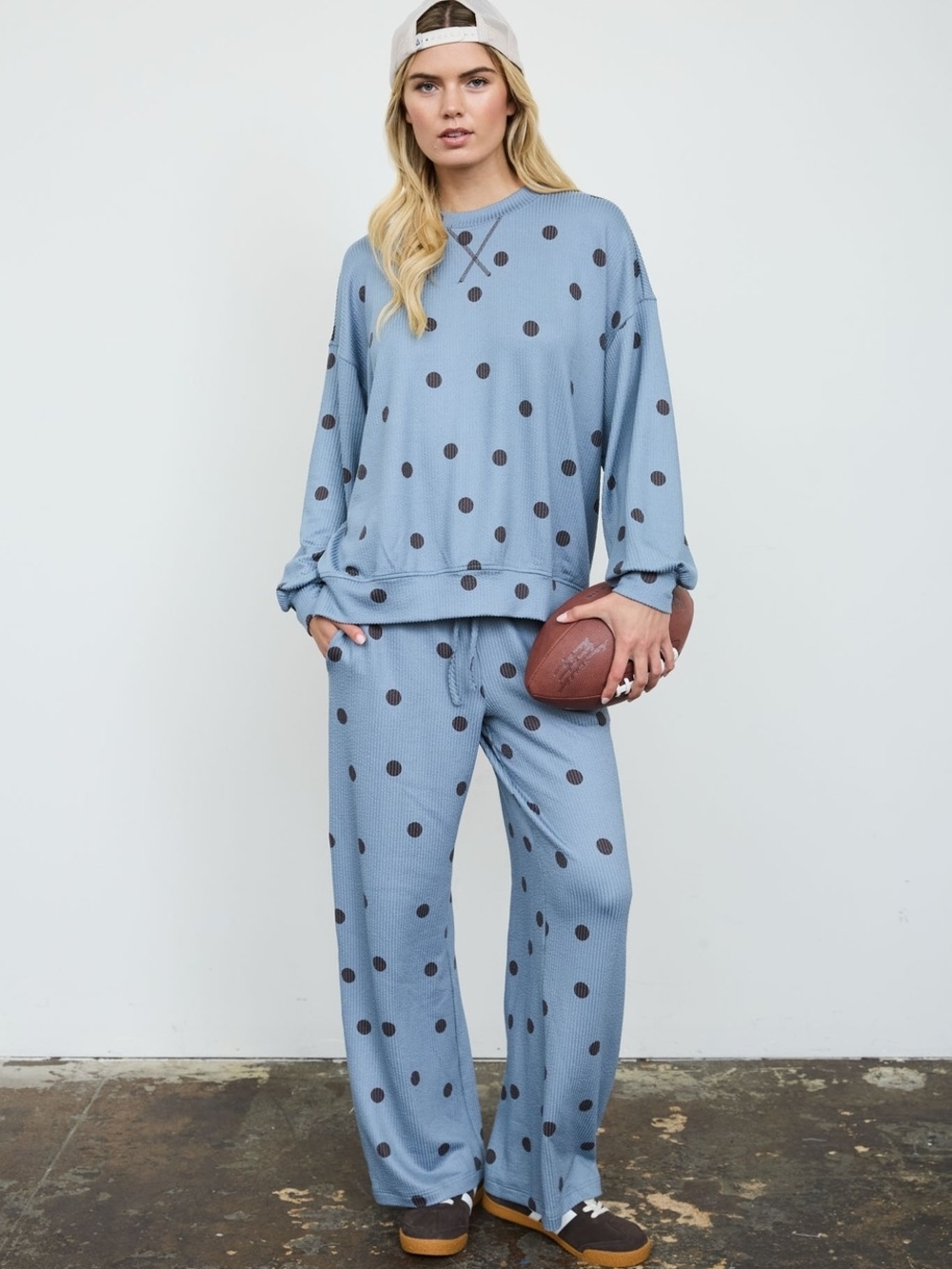 Polka Dot Ribbed Lounge Pants - Light Blue